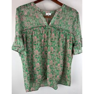 VOY Womens Medium Green Pink Floral V Neck Ruffle Sleeve Blouse Top